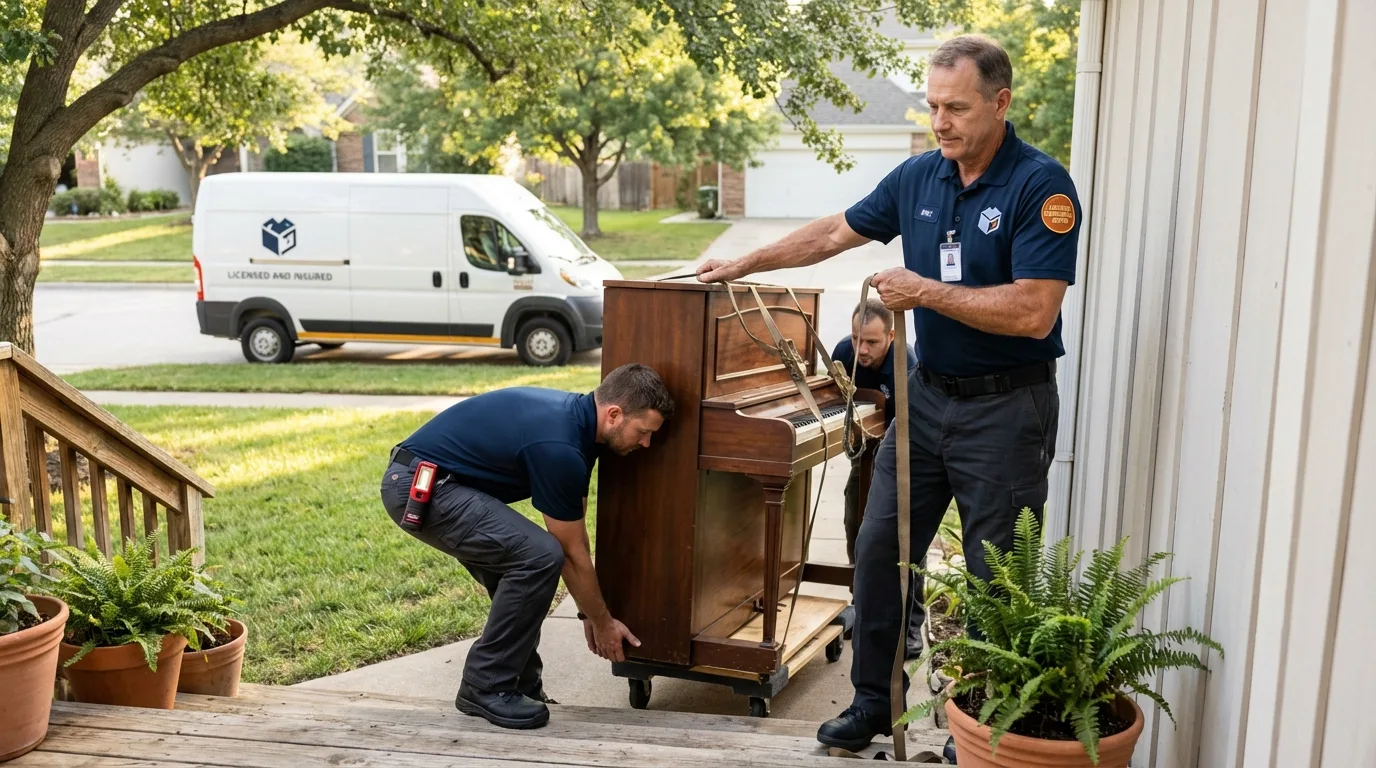 Licensed piano movers securing grand piano in Germantown, MD