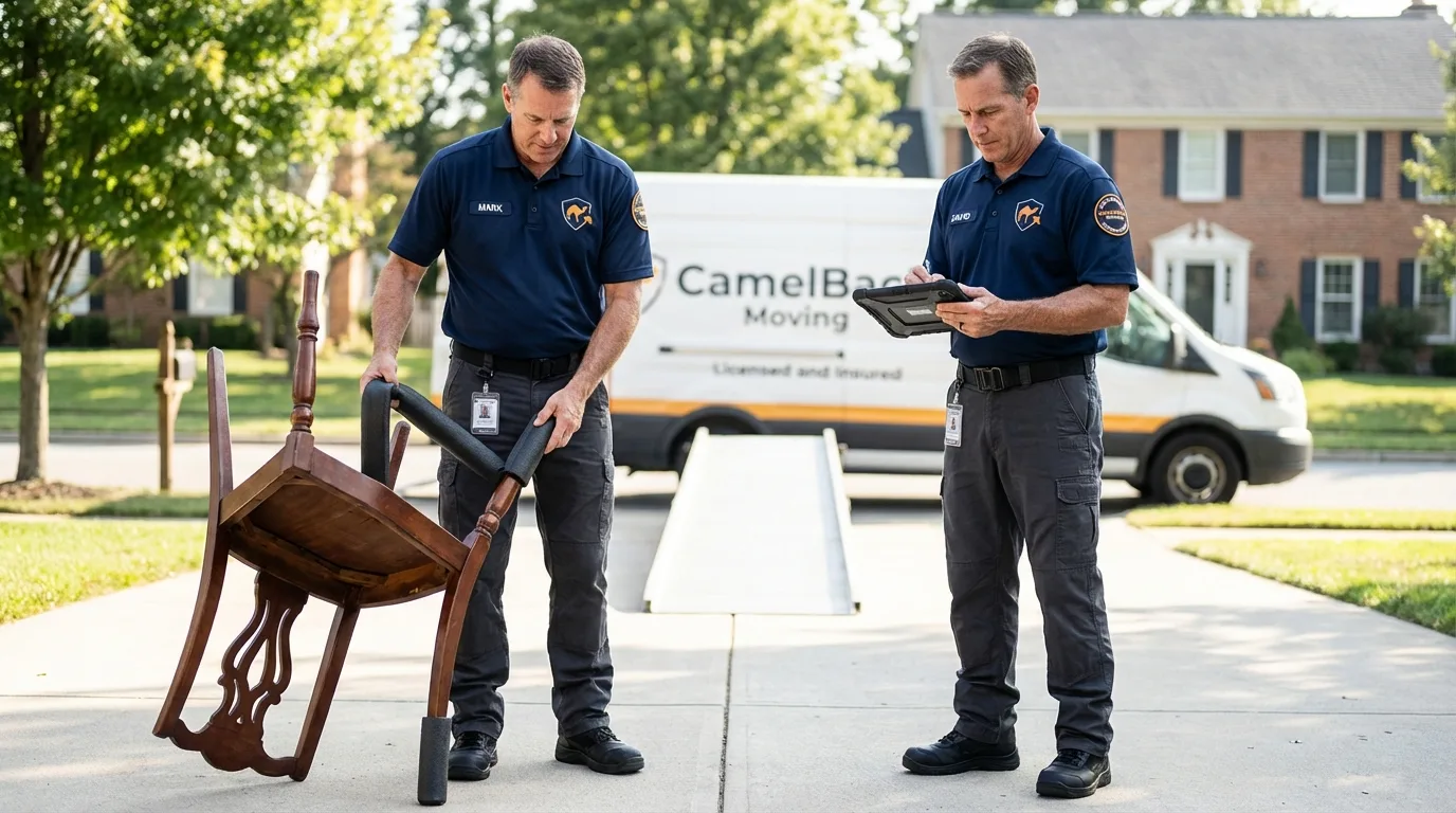 Movers inspecting furniture for damage prevention before loading in Germantown, MD